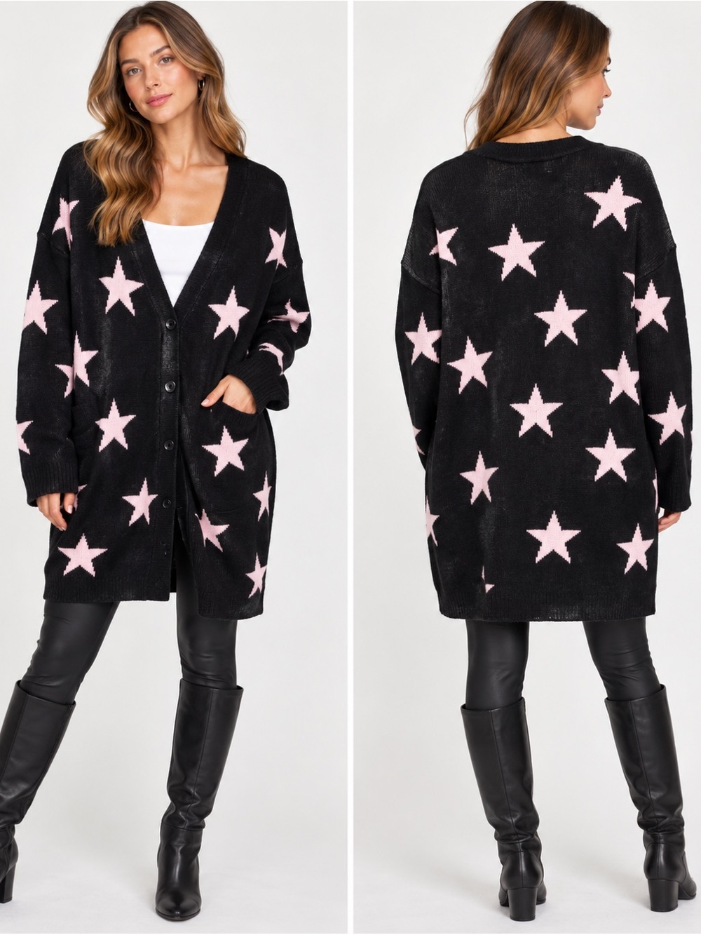 What’s Next Black Pink Star Long Cardigan Sweater Plus Size 1X NWT